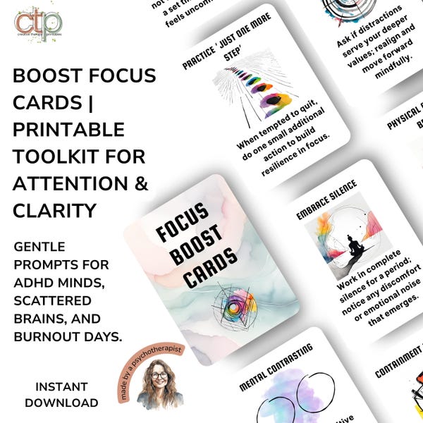 Improve Focus and Boost Productivity, 50 Printable Concentration Tool Mindfulness Cards