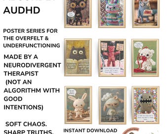 AuDHD Mental Health Poster Set: Quirky Lovable Creatures Whimsical Art (Digital Download)