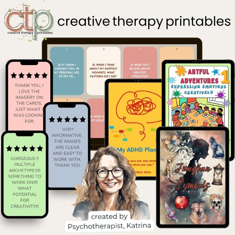 Promotional collage of other Creative Therapy Printables including ADHD planner, Jungian symbols, and children’s creative workbook. Surrounded by customer review mockups and therapist illustration.