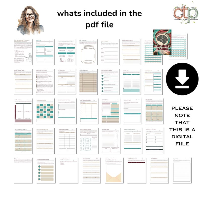 ADHD Daily Planner | 30-Day Printable Undated Digital Self-Therapy Journal for Teens + Adults | Neurodivergent Productivity Toolkit
