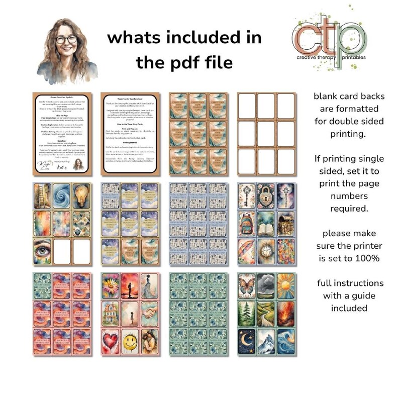 Preview of the PDF file contents with mini thumbnails of the printable cards and instructions. Text explains how to print and use the files. Includes branding elements and therapist image.