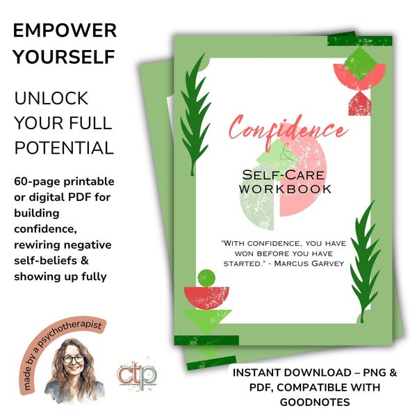 Self Confidence Workbook; Printable Journal for Self Love, Guided Therapy + Digital Planner Worksheets Bundle