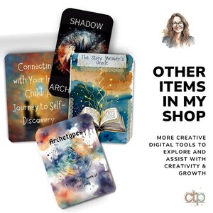 Flat lay image featuring four printable therapy card decks: “Shadow Archetypes,” “Connecting with Your Inner Child,” “The Story Weaver’s Oracle,” and “Archetypes – based on the work of Carl Jung.” Displayed with watercolor and symbolic imagery. Text on the right reads “Other items in my shop – More creative digital tools to explore and assist with creativity & growth.” Includes illustrated portrait of the psychotherapist and Creative Therapy Printables logo.