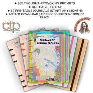 Colorful collage of journal covers and pages with bold text: '365 thought-provoking prompts, one page per day, 12 printable journals (start any month), instant download (use in Goodnotes, Notion, or print!)