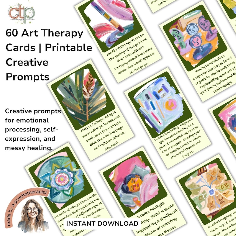 Art Therapy Cards for Mental Health. A printable tool for therapists, journal lovers,  educators. Pocket sized creative expression self help