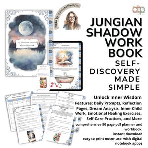 Può includere: Un libro di lavoro digitale intitolato "Jungian Shadow Work Book: Self-Discovery Made Simple" con un'illustrazione ad acquerello di un libro e una vasca da bagno. Il testo "Unlock Inner Wisdom" è sotto il titolo. Il libro di lavoro presenta suggerimenti quotidiani, pagine di riflessione, analisi dei sogni, lavoro sul bambino interiore, esercizi di guarigione emotiva, pratiche di auto-cura e altro ancora. È un planner e un libro di lavoro PDF di 80 pagine che è facile da stampare o utilizzare con app per blocchi note digitali.