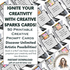Puede incluir: Un conjunto de 50 tarjetas de indicaciones creativas imprimibles con diseños abstractos coloridos. Las tarjetas se titulan "Ignite Your Creativity with Creative Sparks Cards!" y presentan indicaciones de texto como "Mirror It: Create a symmetrical piece" y "Sensory Focus: Concentrate on one sense only".