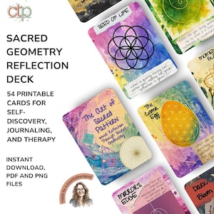 Cartes de réflexion quotidiennes menées par géométrie sacrée - 54 instructions imprimables de thérapie de journal profond pour la découverte de soi et le travail d'ombre | PDF + PNG