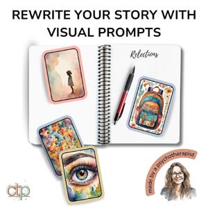 Open notebook with storytelling symbol cards placed on the page, including an eye, child silhouette, puzzle pieces, and backpack. Text reads “Rewrite your story with visual prompts.” Therapist badge shown.