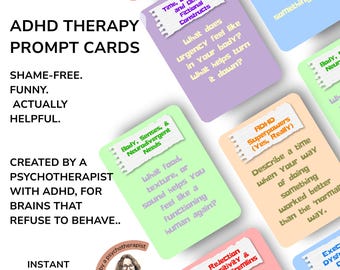 Könnte beinhalten: ADHS-Therapie-Promptkarten mit verschiedenen pastellfarbenen Hintergründen. Jede Karte enthält eine andere Frage, wie z. B. „Wie fühlt sich Dringlichkeit in Ihrem Körper an?“ und „Beschreiben Sie eine Zeit, in der Ihre Art, etwas zu tun, besser funktionierte.“