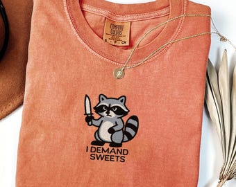 Camiseta divertida con bordado de mapache, colores cómodos, regalo para amantes de los bocadillos.