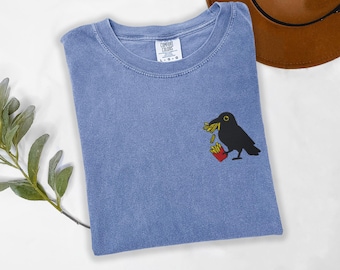 Embroidered Crow Eating Fries Comfort Colors Tee – Quirky Bird Food Humor Shirt