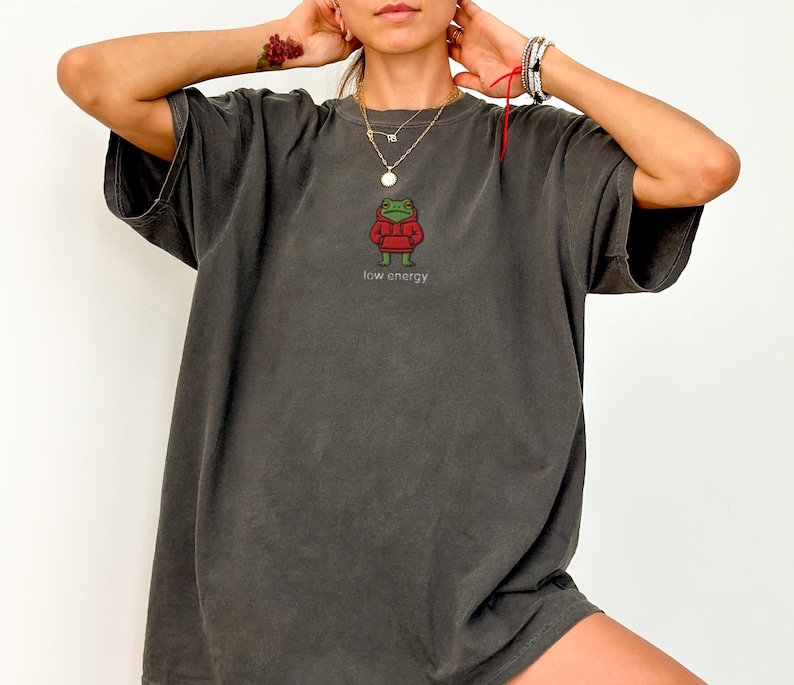 May include: Dark grey oversized t-shirt featuring a cartoon frog wearing a red sweater. The frog is embroidered on the front with the words "low energy" below it. The shirt has short sleeves and a relaxed fit.