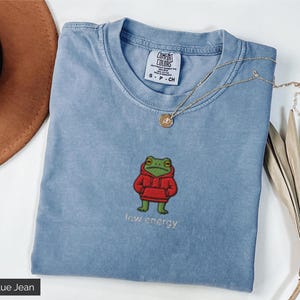 May include: A blue jean colored t-shirt with an embroidered frog wearing a red hoodie. The text "low energy" is embroidered below the frog. A gold necklace is draped across the shirt.