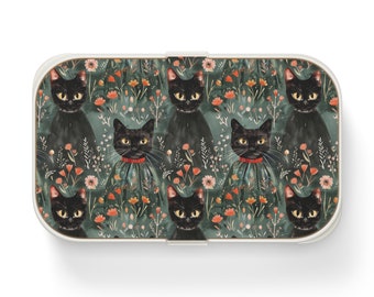 Black Cat Floral Bento Lunch Box: Wooden Lid, Silicone Tray