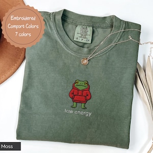 May include: A moss green t-shirt with an embroidered frog wearing a red hoodie. The text "low energy" is below the frog. The shirt has a Comfort Colors tag and a gold necklace. The image also shows a brown hat and a dried plant.