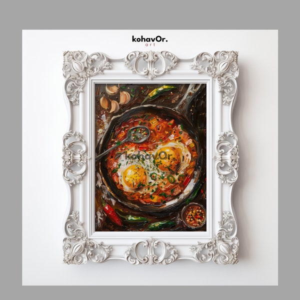 Shakshuka pour deux, art mural imprimable, peinture à l'huile gastronomique colorée, illustration de cuisine israélienne, décoration d'épices, oeuvre en téléchargement numérique