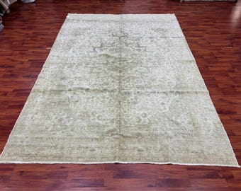 6.5x9.6 ftHandwoven Wool Turkish Rug, Muted Sage Green Distressed Area Carpet