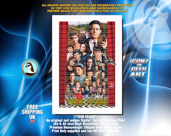 Könnte beinhalten: Digitaler Fan-Art-Druck mit einer Collage von Charakteren aus der Fernsehserie "Twin Peaks". Der Druck enthält den Titel der Show und ist auf halbglänzendem Papier. Das Kunstwerk ist ein einzigartiges digitales Fan-Art-Gemälde.