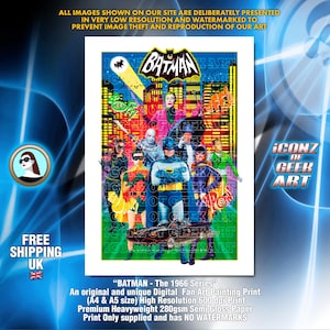 Könnte beinhalten: Ein farbenfroher Druck mit Charakteren aus der Batman-Serie von 1966. Das Bild zeigt Batman, Robin und verschiedene Schurken vor einer Stadtkulisse. Das Kunstwerk hat einen Retro-Comic-Stil mit leuchtenden Farben und dem Batman-Logo.