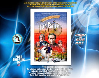 May include: A digital fan art print of "The Prisoner" featuring a vintage bicycle, portraits of characters, and the title text. The print includes the text "I am not a number, I am a free man." and is on semi-gloss paper.