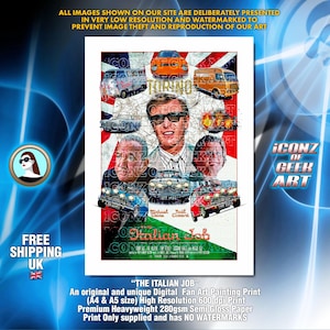 Peut inclure: Une impression d'art numérique du film "The Italian Job". L'œuvre présente des acteurs, des voitures et le drapeau du Royaume-Uni. L'impression comprend le texte "The Italian Job" et "Iconz of Geek Art".