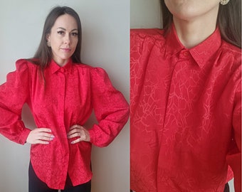 80s Red blouse with puff sleeves and abstract pattern