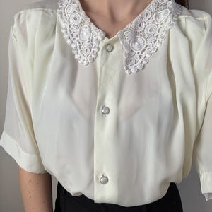 Vintage cream white blouse with lace collar, elegant women’s shirt, size XL-5XL