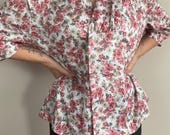 Vintage Floral Print Blouse: Romantic Puffed Sleeve Top (2XL-3XL)