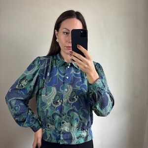 80s vintage paisley print blouse, 80s retro colorful blouse