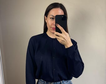 Vintage marineblaue Wolle und Acryl Strickjacke, lässiger Damenpullover, Einheitsgröße