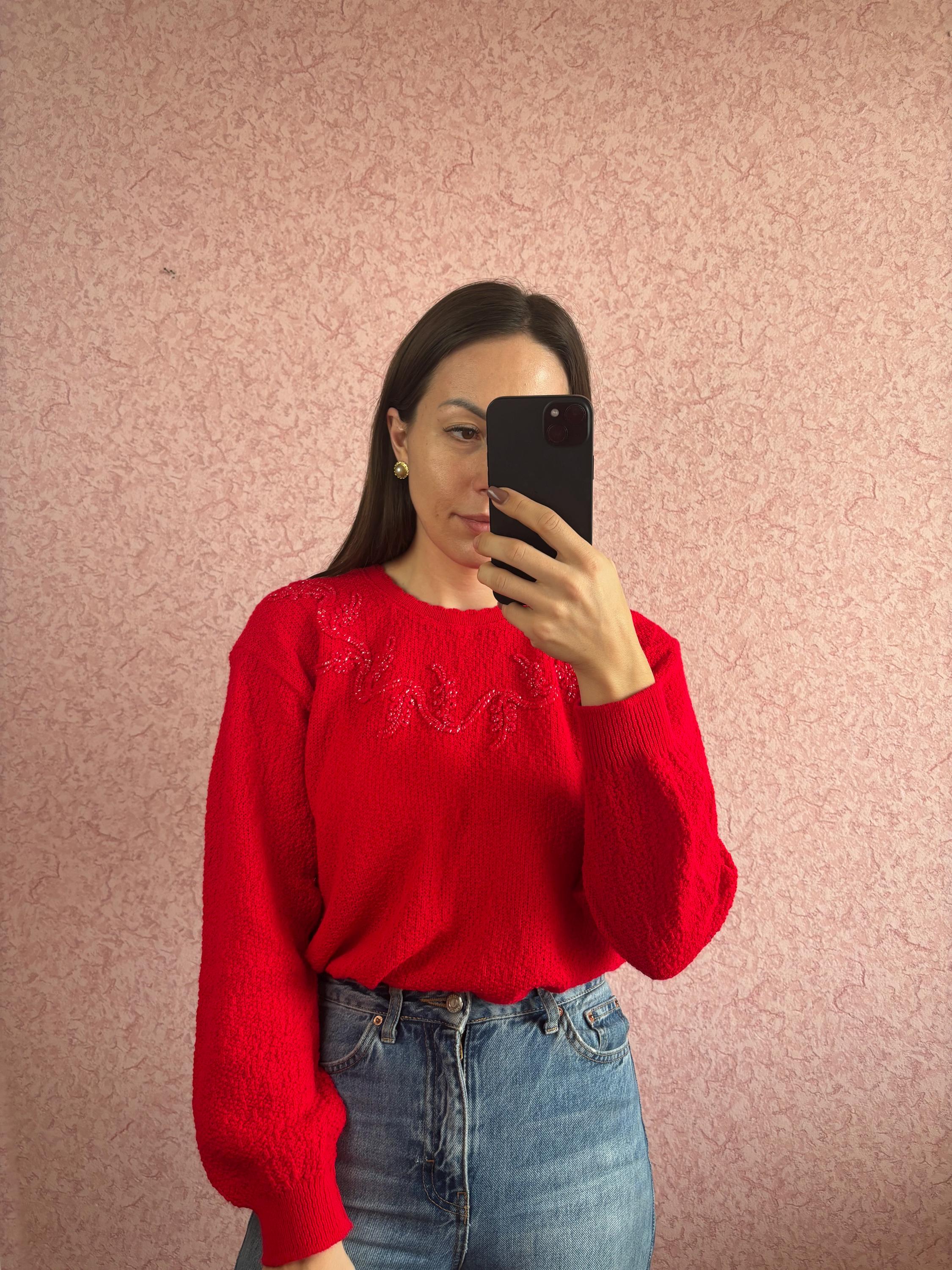 Vintage rot bestickter Pullover, Casual Pullover, Oversize