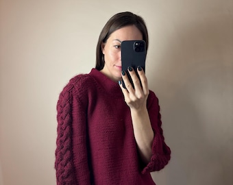 Handgemachter vintage wolle Pullover, retro kirsch roter Wollpullover, oversized