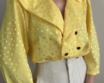 Vintage yellow satin blouse, elegant women’s shirt with polka dot print,retro double breasted blouse, size L-XL