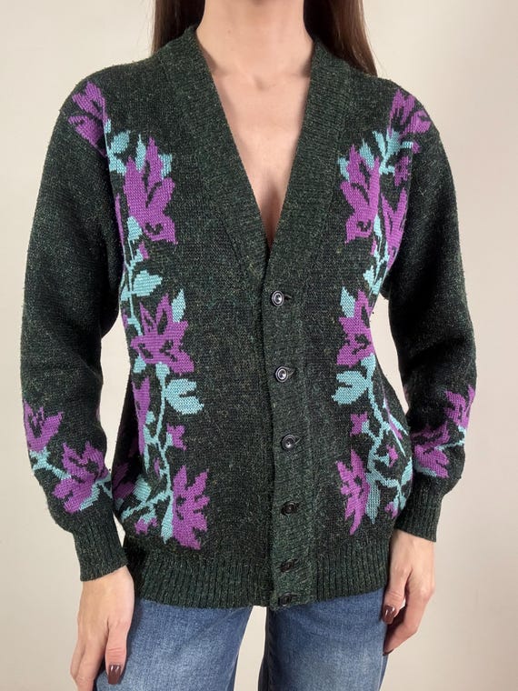 Vintage Floral Wool Blend Cardigan, Dark Green Button Up Sweater, Purple Flower Knit Cardigan, 80s 90s Sparkle Sweater