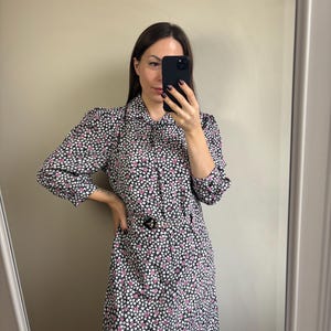 Vestido vintage blanco y negro con estampado de flores rosas, vestido romántico para mujer, talla L