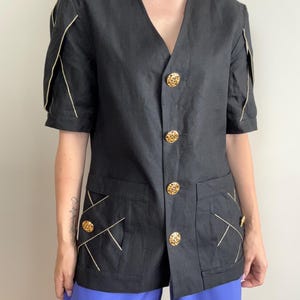 Vintage black linen blazer, elegant women’s jacket with short sleeves made in Germany, size XL