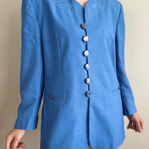 Vintage  sky blue long blazer with embroidery, elegant and classy women’s blazer