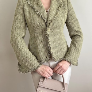 Suncadmious Blazer Scozzese in Tweed da Donna Blazer Aperto Davanti Senza Colletto Elegante Giacca Corta da Lavoro Cappotto (Bianco,S
