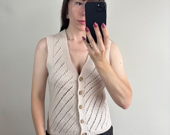 Vintage Handmade Wool Vest | Cream Sleeveless Button-Up | Minimalist Cottagecore Knitwear  Size XS-S