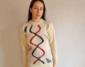 Vintage 90s Women Pullover Sweater / Handmade Wool Sweater / 90s Women White Geometric Sweater/ Size S Pullover