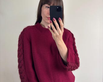 Vintage Handmade Wool Mohair Sweater | Chunky Oversized Knit with Braid Sleeves | One Size up to XXL