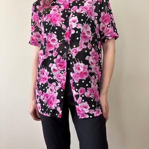 Vintage black sheer blouse in pink flowers print, romantic women’s shirt in white polka dot pattern, size XS-L