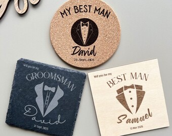 Groomsmen Best Man Coaster Invitation for Wedding, Cork, Wooden, Slate, Bachelor party favor, Unique invite, quirky invitation