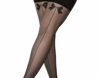2x pairs ITALY 15 DENIER Lolita Black Sheer Suspender Stockings with Back Seam and Printed Lurex Bow on the Ruffle
