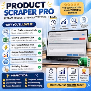 Puede incluir: Un anuncio de Product Scraper Pro, una herramienta para extraer datos de productos de sitios web a Excel. La imagen presenta una computadora portátil que muestra la interfaz del software, junto con iconos que resaltan las características clave. El texto incluye "La herramienta definitiva para los propietarios de comercio electrónico."