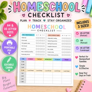Puede incluir: Un documento de lista de verificación para educación en casa que incluye una sección de responsabilidades diarias, una lista de tareas escolares y una cuadrícula de horario semanal. El diseño presenta encabezados coloridos y casillas de verificación.