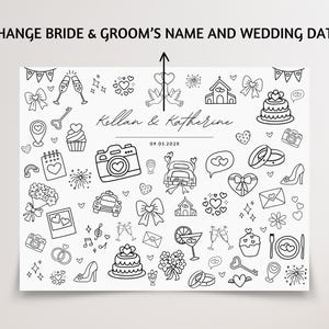 Personalized wedding coloring and activity placemat for kids shown in two versions—one simple coloring page for younger children and one activity sheet with puzzles and mazes for older kids. Displayed as a black-and-white printable Canva-editable template in US Letter size, designed for wedding reception kids’ tables.