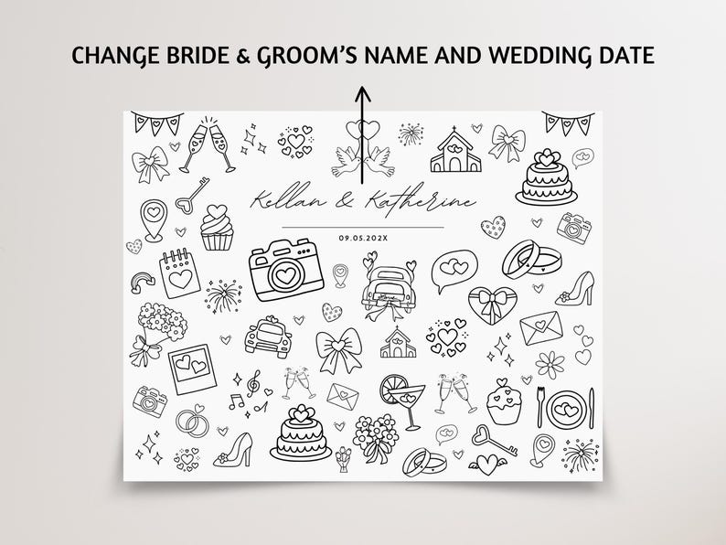 Personalized wedding coloring and activity placemat for kids shown in two versions—one simple coloring page for younger children and one activity sheet with puzzles and mazes for older kids. Displayed as a black-and-white printable Canva-editable template in US Letter size, designed for wedding reception kids’ tables.