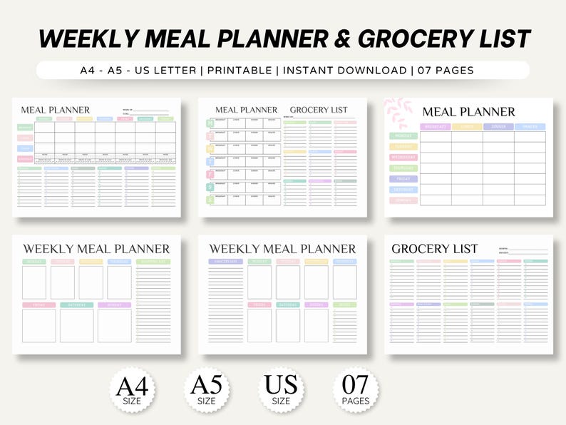 weekly meal planner
printable
meal planner
food diary
food journal
meal tracker
grocery list
kitchen inventory
meal prep
meal plan
shopping list
daily meal planner
meal planner pdf